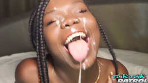 Sexy black babe gets huge cum facial